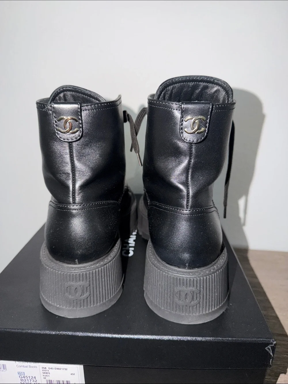 CHANEL Black High-Top Combat Boots with Gloss Toe Cap